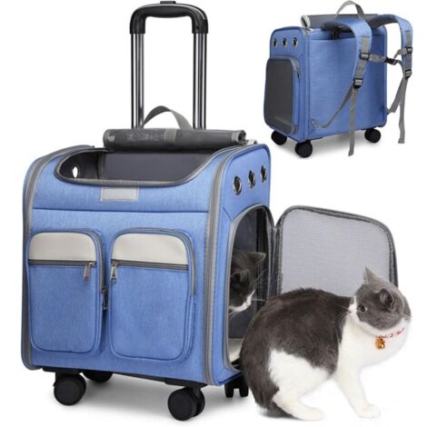 Sac de transport pour chat à roulettes – Poignée télescopique – Tapis amovible lavable – 3 poches de rangement – Ventilation optimale