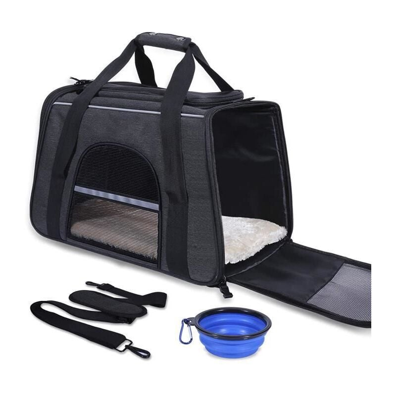 Sac de transport pour chat et chien Respirant et Pliable avec Bol pliant 45x29x31cm Noir