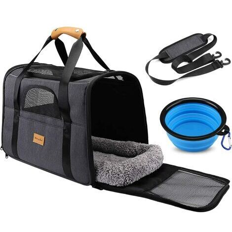 Sac de transport pour chat et chien Respirant et Pliable avec Bol pliant 45x35x33cm Noir,Sac Transport Chat