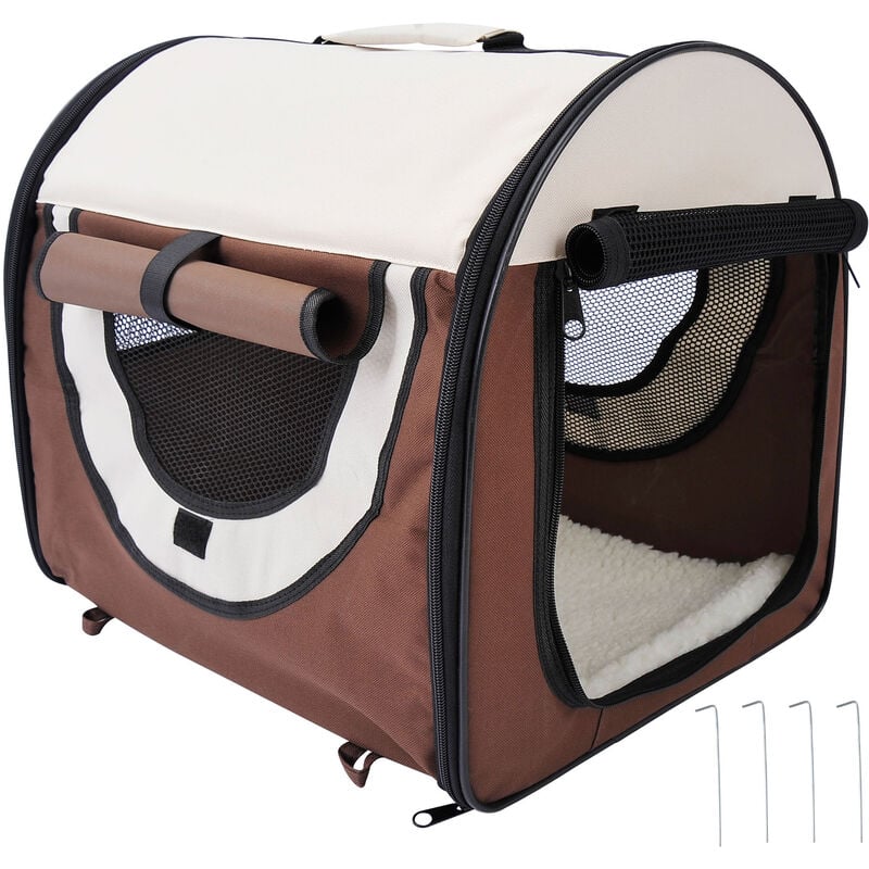 Sac de transport pour chien et chat pliable - poignée, entrée zippée, fenêtres maillées enroulables- coussin inclus - acier oxford marron beige