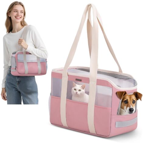 Sac de Transport Souple pour Petits Chiens et Chats, Sac Pliable et Respirant avec Laisse de Sécurité, Sac de Transport Léger pour Voyage Extérieur Camper (Rose Pastel)