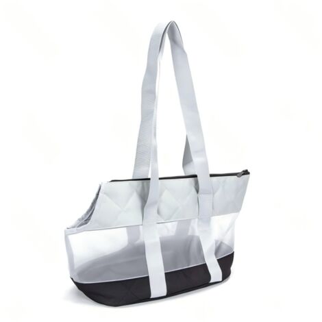 Sac de voyage rembourré pour chiens et chats, avec fond en filet transparent et poignées renforcées.