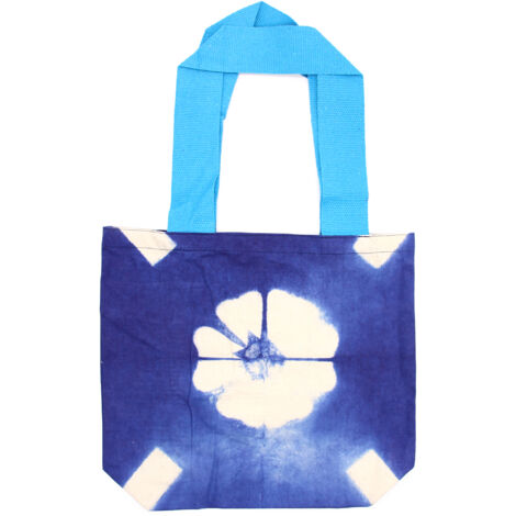 Sac en Coton Tye-Dye Naturel (8oz) - 38x42x12cm - Fleur Bleue - Anse Bleue- Vendu par 1