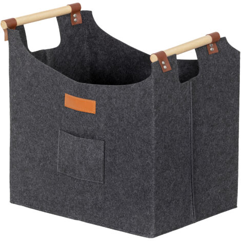 Sac en feutre pour bois de chauffage intérieur, poignées en bois, capacité 15 kg, 45x32x40 cm, gris
