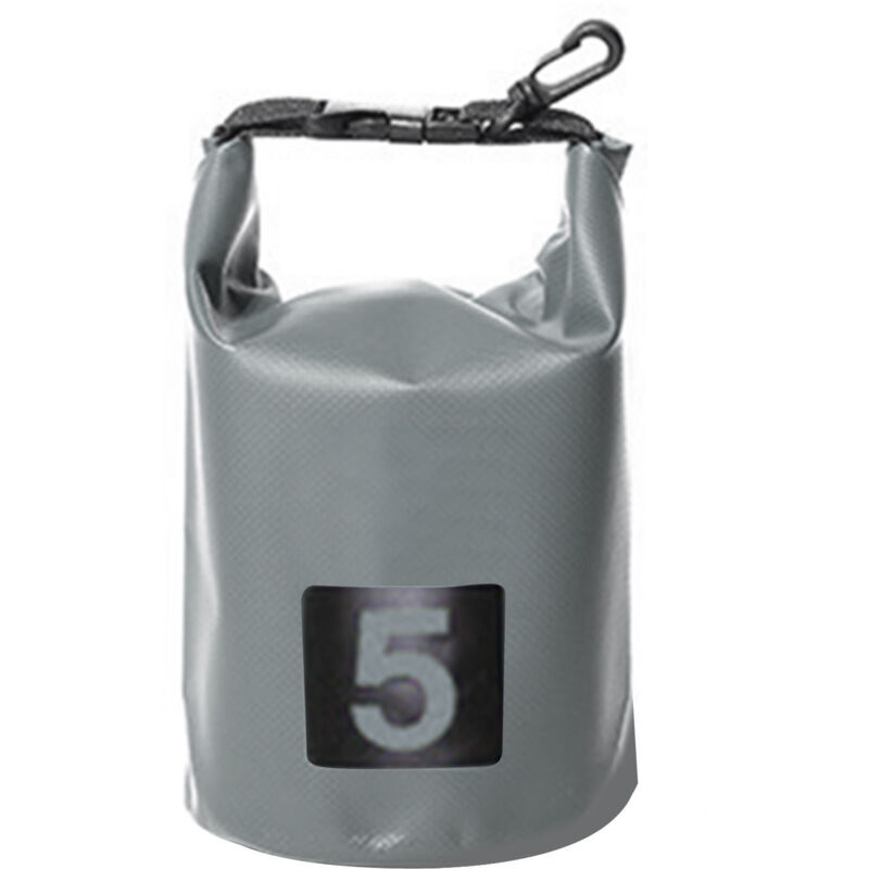 Sac étanche imperméable 5L gris pour rafting et camping, moderne et résistant à l'eau.