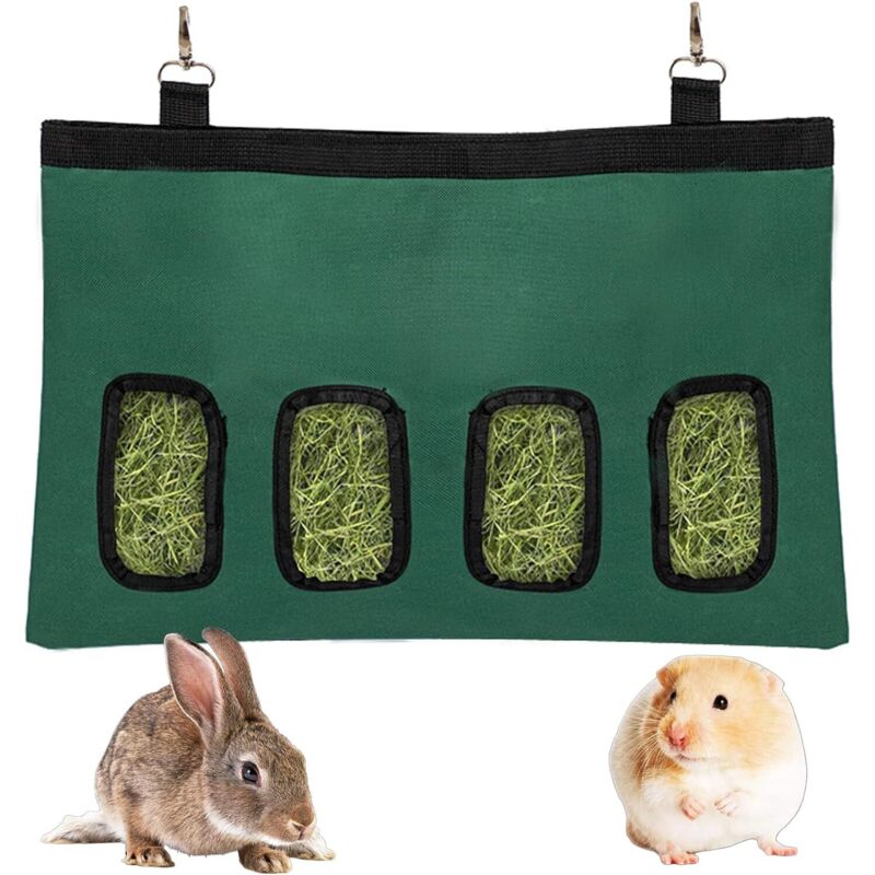 Sac foin lapin suspendu, 4 trous, alimentation automatique petits animaux, vert