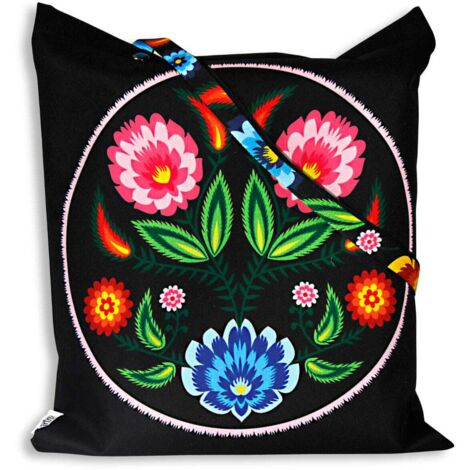 Sac folklorique de Łowicz, imprégné de fleurs roses, encolure, noir