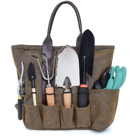 Sac fourre-tout en toile pour outils de jardin, pochette de jardinage, sac de rangement pour outils à main de potager et d'herbes aromatiques avec 8 poches - Beige