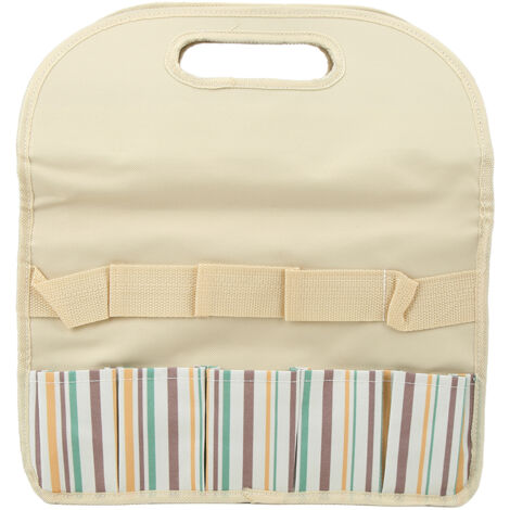 Sac fourre-tout pour outils de jardinage, grand format, en toile Oxford beige à rayures colorées, avec poches profondes, idéal pour ranger vos outils de jardin.