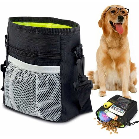Sac Friandise pour Chien, Sac de Dressage pour Chiens, Sac de Taille Réglable Portable Sangle D'épaule, avec Distributeur de Sacs à Crottes, pour Transporter des Jouets Et des Friandises (Noir