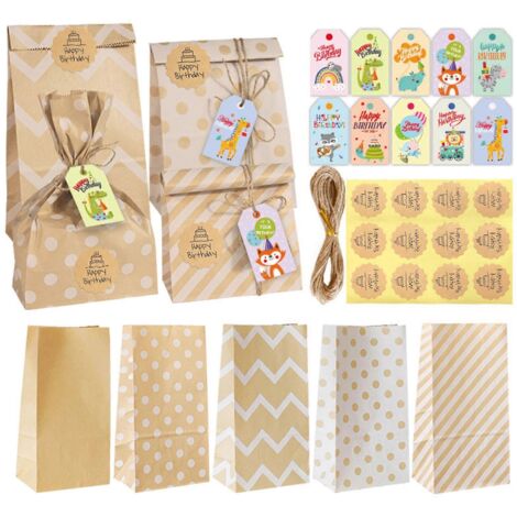Sac Kraft de 1 pièce, lot de pochettes cadeaux en papier kraft incluant stickers, étiquettes et corde, fournitures DIY pour anniversaire, baby shower, fête, invités, emballage cadeau maison.