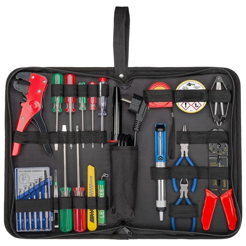 Set de Soudure et Set d'Outils Dans une Pochette Pratique, 20 Pièces, set d'accessoires avec fer à souder, tournevis, testeur de phase, pinces.