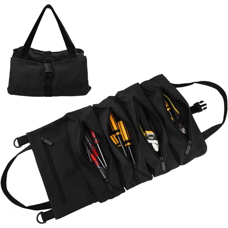 Lling - Sac à outils, pochette à outils compacte enroulable avec 5 poches zippées, pochette à clés, seau organisateur d'outils en toile cirée