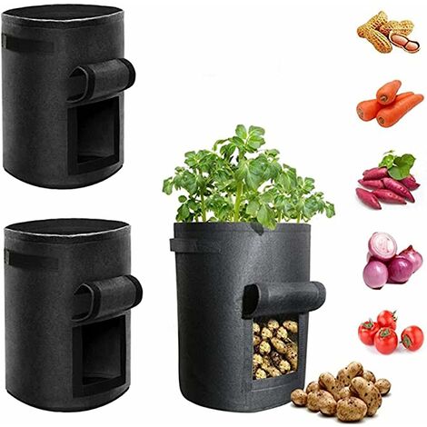 Sac Plantation Pomme De Terre 3 Pcs Sac De Culture Rond 5/10 Gallons Sac à Plantes De Legumes avec Rabat Et Poignées pour Pomme De Terre, Tomate, Carotte (5 gallons,Noir)