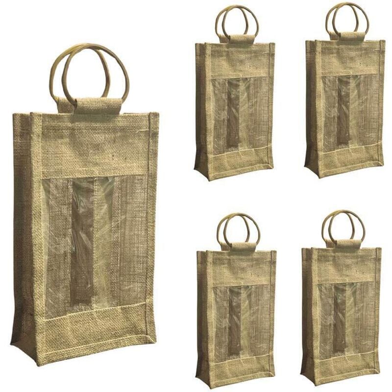 Okaffarefatto - Sac porte-bouteille double en toile de jute avec poignées en bois x 5 pièces