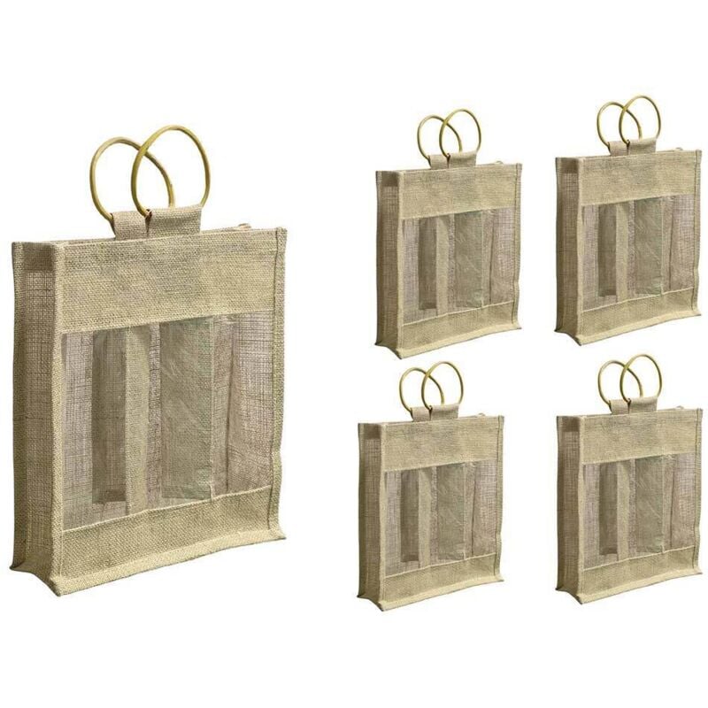 Okaffarefatto - Sac porte-bouteille trois en toile de jute avec poignées en bois x 5 pièces