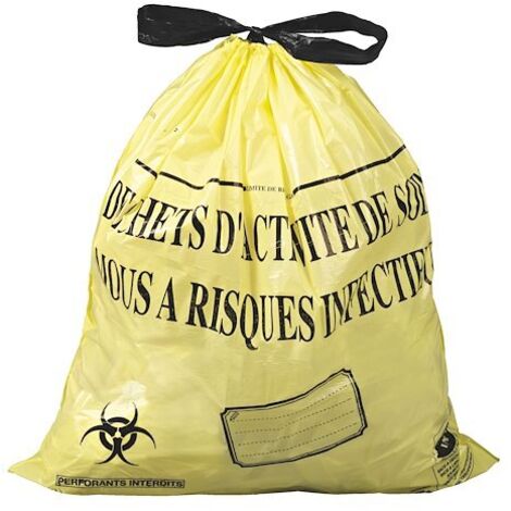 Sac poubelle 50 litres NF Déchets hospitaliers à liens coulissants Hostosacs jaune - 500 sacs - Maxiburo