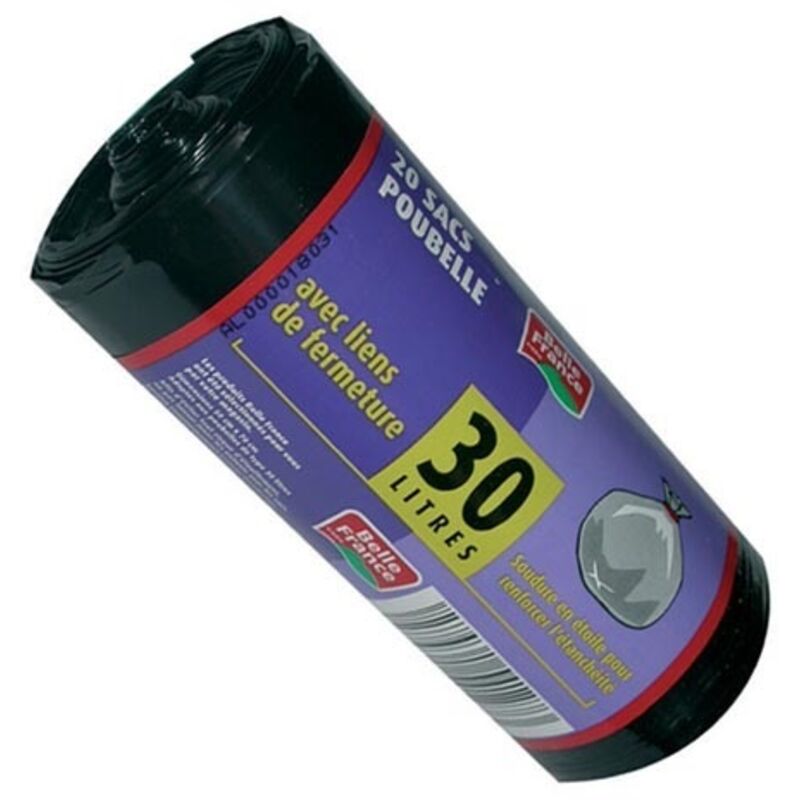 BELLE FRANCE Sacs Poubelle  Rouleau 30 L 20 Sacs Noir Plastique