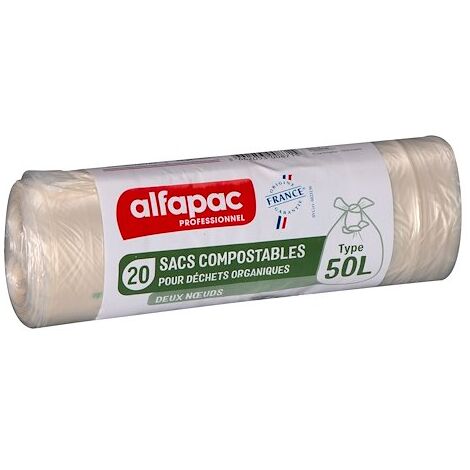 Sac poubelle compostable 50 L – Lot de 20 sacs transparents – Résistance 8 kg – Temps de compostage 12 mois – Fabrication française
