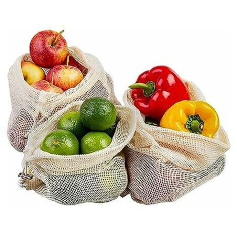 Sac pour Fruits et légumes, 3 pcs,3035  Filet à provisions réutilisable, Sachet en Coton, Sac à Pain sans Plastique, Lavable