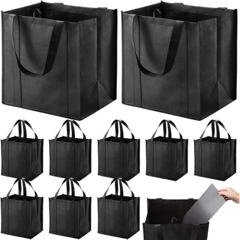 Sac Réutilisable - Sac Épicerie - Polypropylène Non Tissé - Fond Renforcé Carton - Poignées Renforcées Couture En X - Noir - Lot De 10