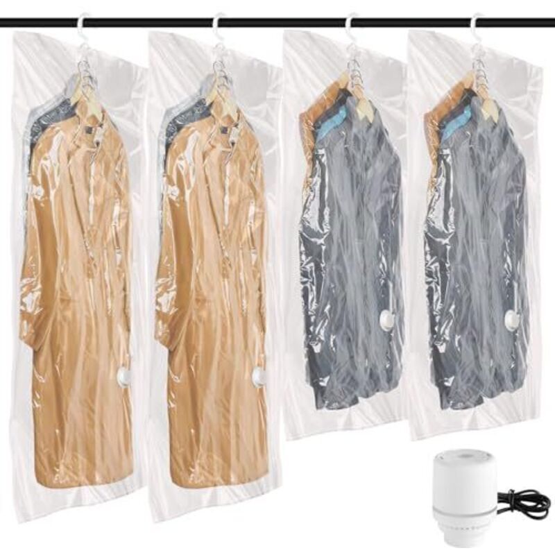 Sac Sous Vide Vetement Aspirateur avec Pompe électrique, Lot de 4 Sacs de Rangement Suspendu pour Vêtements Sous Vide,Rangements Vêtements pour