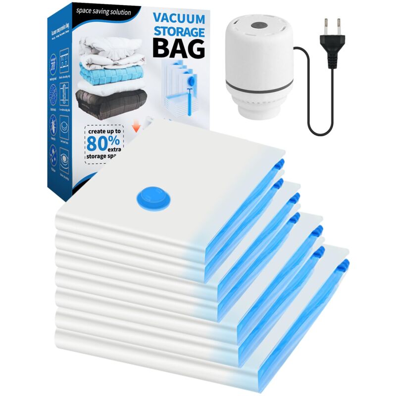 Sac sous Vide Vetement Aspirateur et Pompe Électrique, 7 Pièces Sac Rangement Sous Vide Aspirateur - 1 Jumbo, 2 Grands, 2 Moyens, 2 Petits Pour
