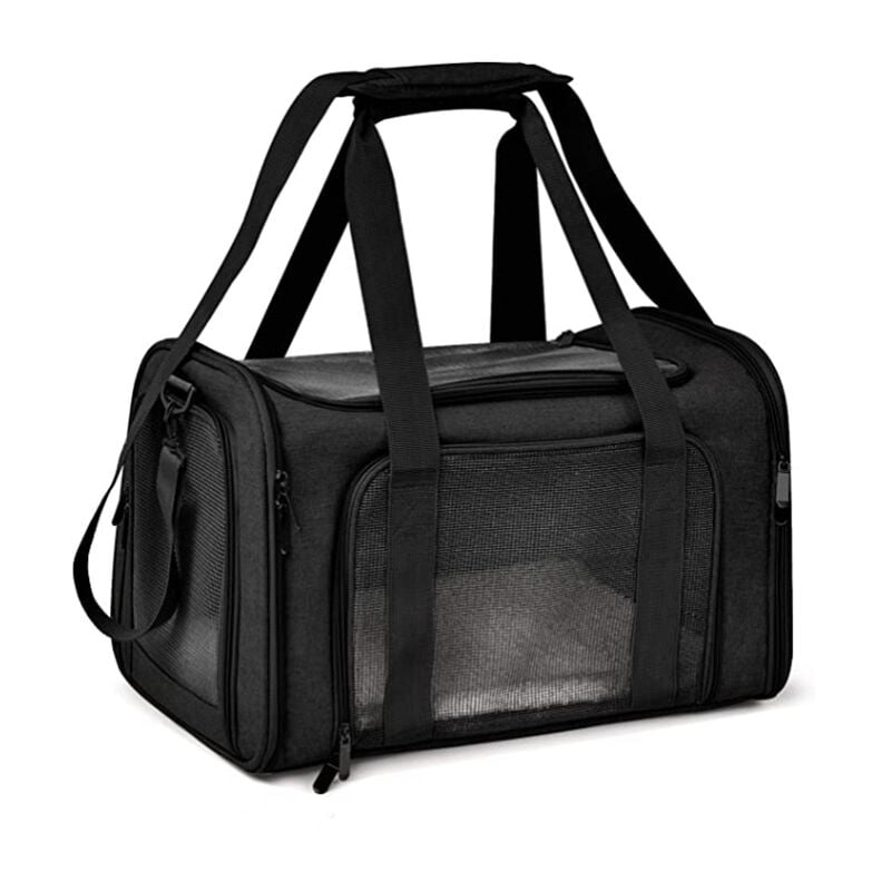 Sac Transport Chat Chien, Caisse de Transport Chat Respirant et Pliable Cage Transport Chat avec Matelas en Peluche Amovible-Noir