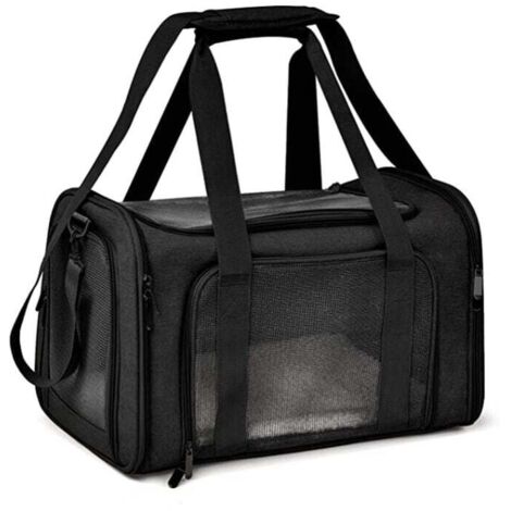 Sac Transport Chat Chien, Caisse de Transport Chat Respirant et Pliable Cage Transport Chat avec Matelas en Peluche Amovible-Noir