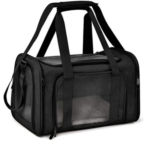 Sac Transport Chat Chien, Caisse de Transport Chat Respirant et Pliable Cage Transport Chat avec Matelas en Peluche Amovible-Noir