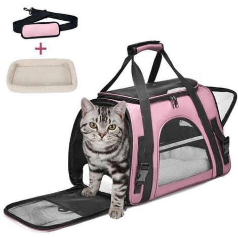 Sac Transport Chat Chien,Respirant et Pliable Caisse De Transport Chat avec Tapis Amovible Doux et Bandoulière-rose, pour Voyage