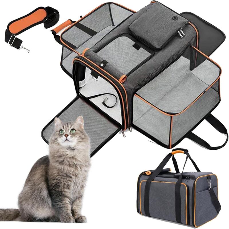 Sac transport chat/chien extensible – filet respirant, matelas amovible, pour avion/train/voiture, orange