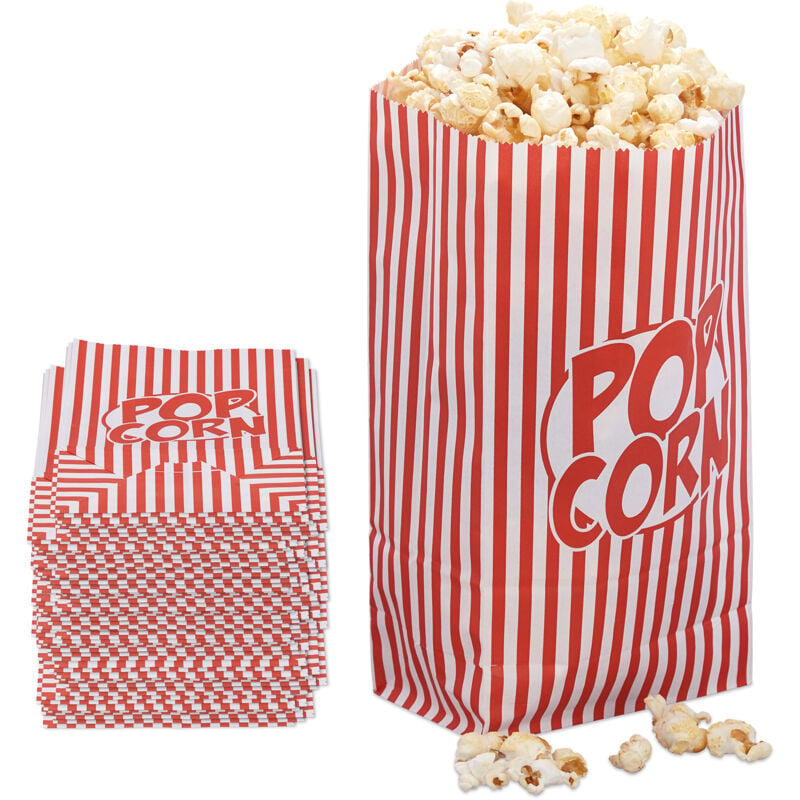 Relaxdays - Sacchetti per Popcorn, Set 100 Buste di Carta a Righe Retrò, Gadget Feste Compleanno Tema Cinema, Rosso Bianco