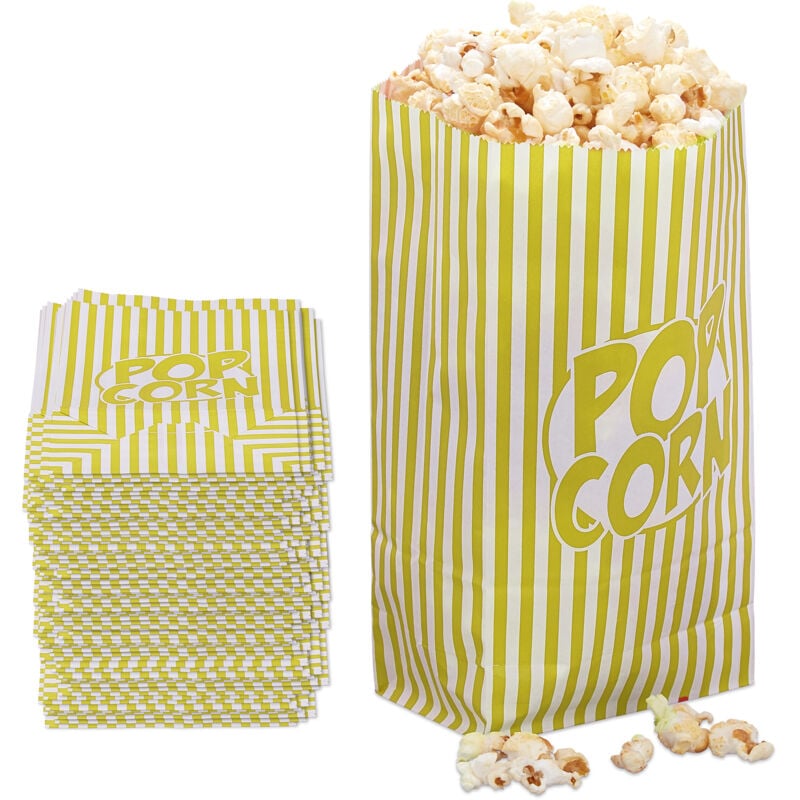 Relaxdays - Sacchetti per Popcorn, Set da 144 Buste di Carta a Righe Retrò, Feste Compleanno Tema Cinema, Giallo Bianco