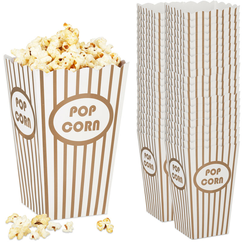 Image of Sacchetti per Popcorn, Set da 48, a Righe, Feste Compleanno Tema Cinema, Box Contenitore Cartone, Oro Bianco - Relaxdays