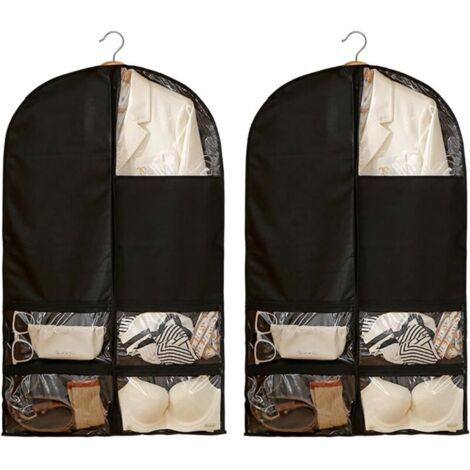 Sacchi porta abiti da appendere, 2 pezzi 60 x 100 cm, antipolvere e antiumidità, per uomo e donna, con cerniera e tasche portaoggetti, adatti per abiti e cappotti (nero)