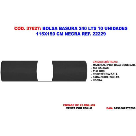 SACCO DELLA RIFIUTI NERO 240 L 10 UNITÀ 115 X 150 CM RIF. 22229