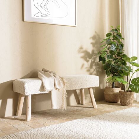 SACHA - Banc 120x40cm en laine texturée ivoire pieds en bois naturel
