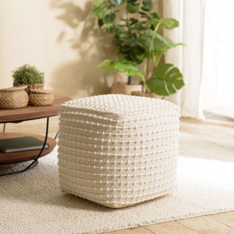 SACHA - Pouf carré en laine texturée couleur ivoire
