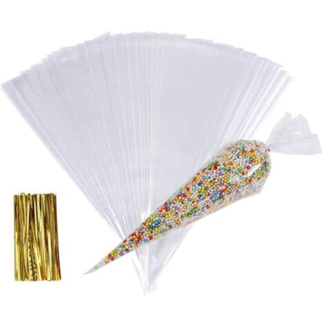 Sachet Bonbon,100 Pcs Transparent Cône Poche en Plastique AVCE 100 Liens Torsadés, Cellophane Emballage pour Bonbons, Biscuit, Cadeaux Party, 16  30cm