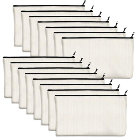 Sachet Coton - Lot 15 - Toile Écru - Fermeture Éclair Noire - Rangement Cosmétique - 21x12 Cm