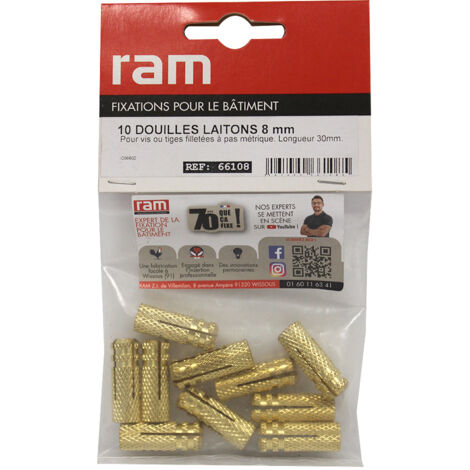 Sachet de 10 chevilles laiton Ø10 mm type M8 tout type de fixation - Longueur 28 mm - Ram