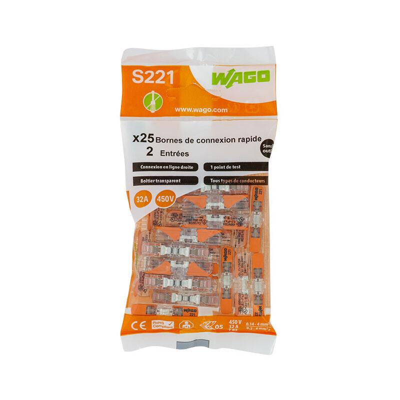 Wago - Sachet de 25 bornes 2 entrées en ligne S221