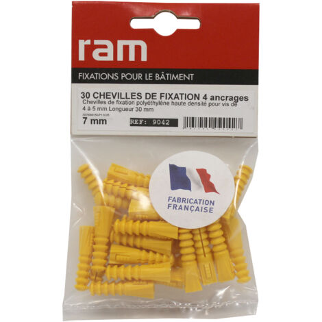Sachet de 30 chevilles R7 jaune multimatériaux sans collerette - Ø7 mm - Longueur 30 mm - RAM