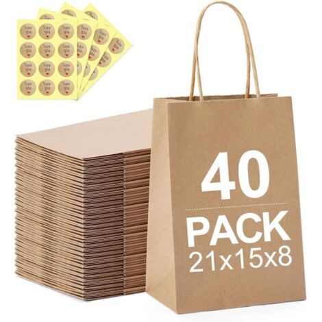 Sachets En Papier, 40 Pièces, Sachets Cadeaux Avec Poignées Et Autocollants, Sachets Cadeaux Marron À Personnaliser, Sachets Cadeaux Pour Anniversaires, Mariages, Fêtes (21 X 15 X 8 Cm) (Marron)