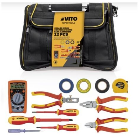 Sacoche à outils électricien 12 outils – Nylon renforcé – Poignée acier – 40x30x25cm – Pour intérieur et extérieur – Vito Pro-Power