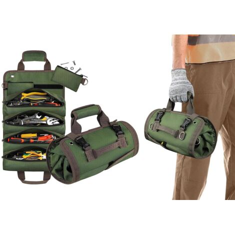 Sacoche de rangement pour outils de quincaillerie, sac à outils enroulable avec pochette zippée amovible, organisateur d'outils robuste - Vert