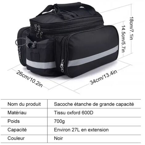 Sacoche de vélo WOZWE pour porte-bagages - Grande capacité 27 L - Housse de pluie incluse-AquaForge