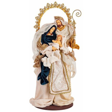 Sacra famiglia con corona e vestiti in tessuto standard statue per presepe h 53 cm