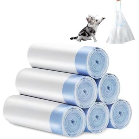 Sacs à Litière Pour Chat Avec Cordons de Serrage : 6 Rouleaux/90 Sacs Poubelle Autonettoyants Avec Poignée de Transport Pour Déjections